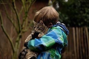Imagen de un niño abrazado a un gato