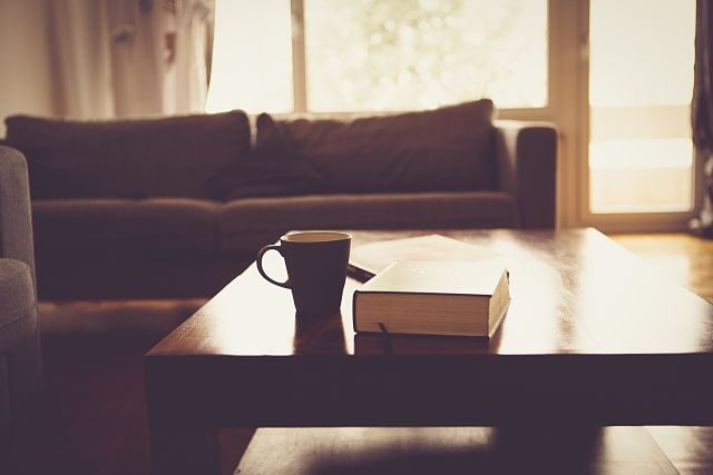 Imagen de un salón con sofá, mesita de centro y una taza de café y libro